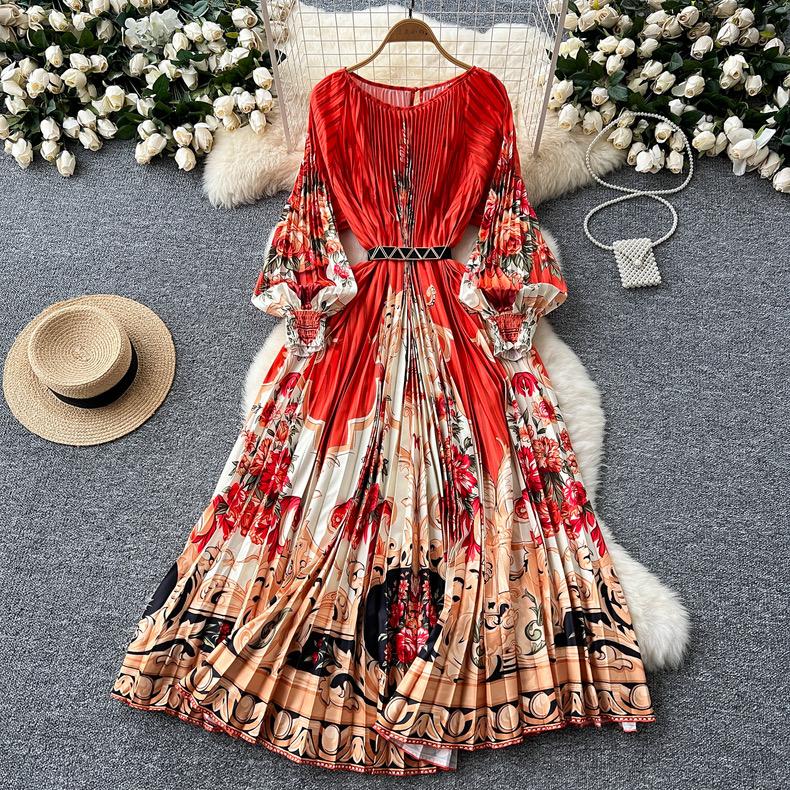 Pleats O-neck Printed Long Dress Women Autumn Holiday Long Lantern Sleeve  Oversized Print Folds Dress Loose Robes Dresses Buy cheaply on Joom