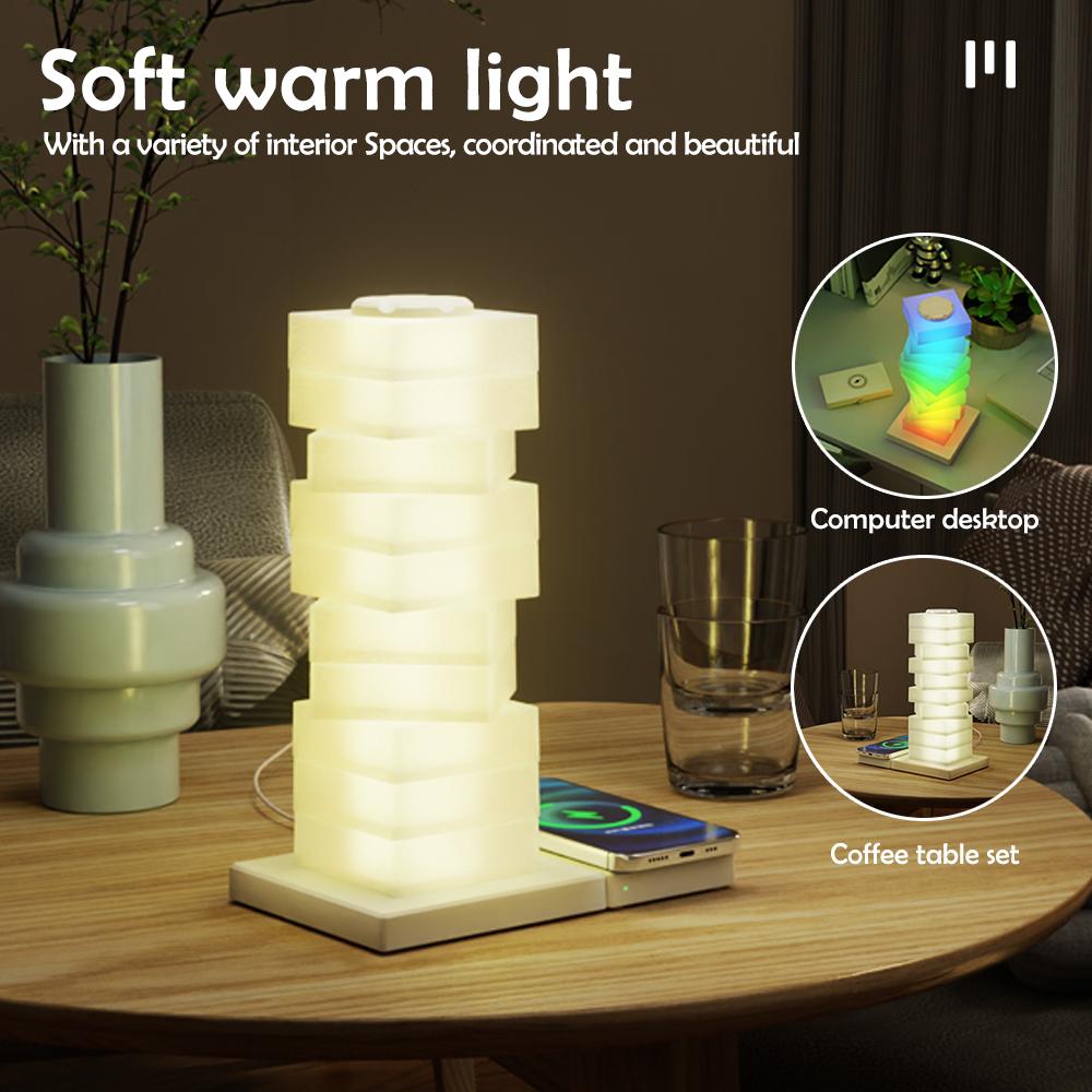 LED Creative Bedside Table Lamp Wireless Charger Creative Night Light Ambient Light RGB DIY Dimmable Nightstand Lamp Bedroom Dec