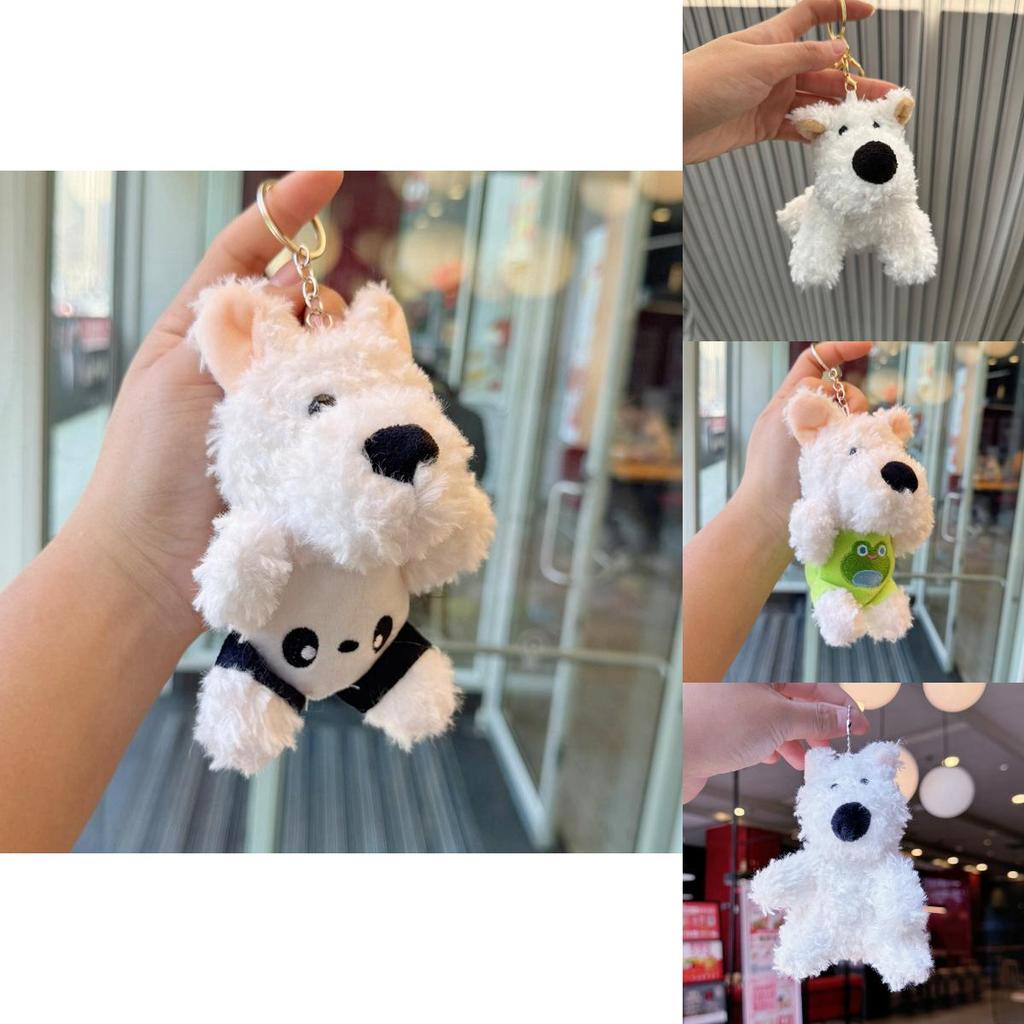 Stuffed West Highland Terrier Plush Keychain With Pearl Chain And Gold Keyring For Bag And Car Accessories