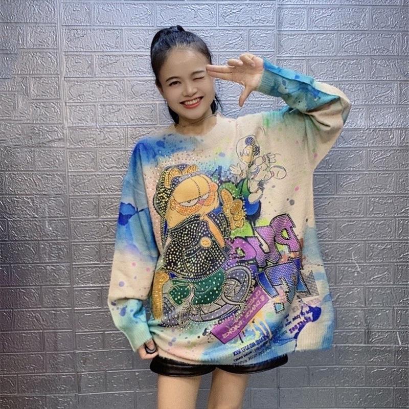 Chic Korean Style Rhinestone Print Round Neck Sweater for Women (2026 Winter Collection)
