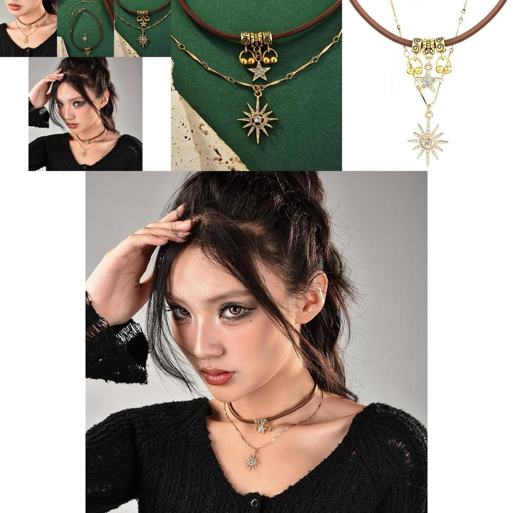 Stylish Two-layer Choker Necklace Set For Women With Rhinestone Stars And Flowers