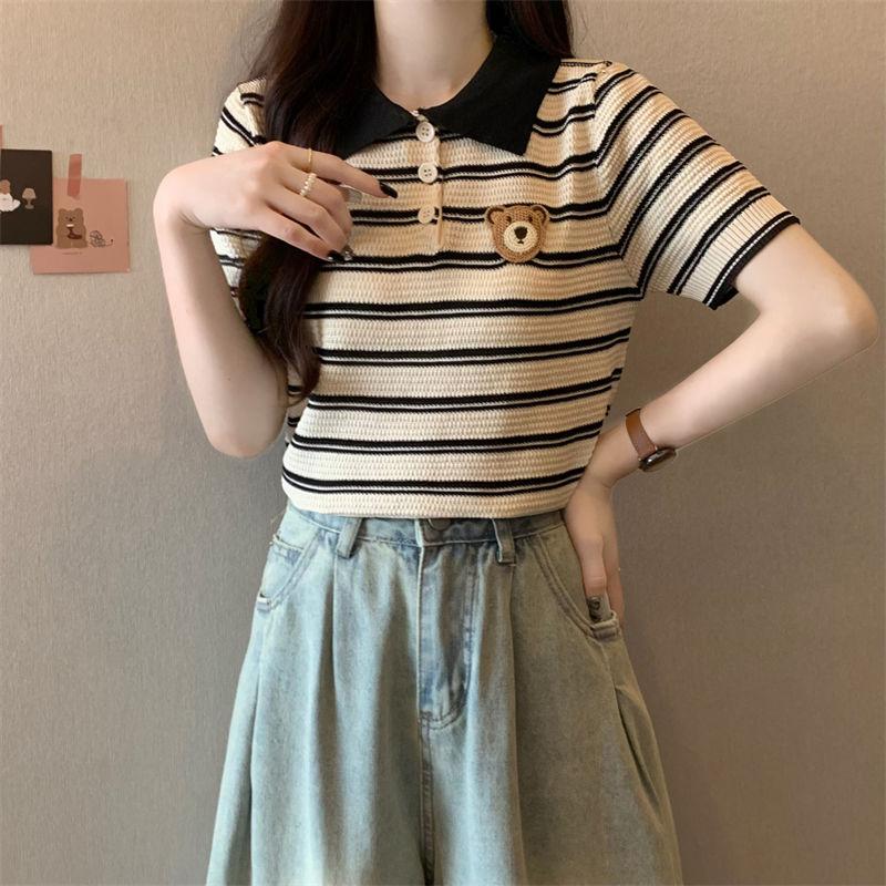 T-shirt Tricoté Rayé Brodé à Manches Courtes avec Ours en Peluche Design Minceur d'Été pour Femme Polo de Niche Haut d'Épaule