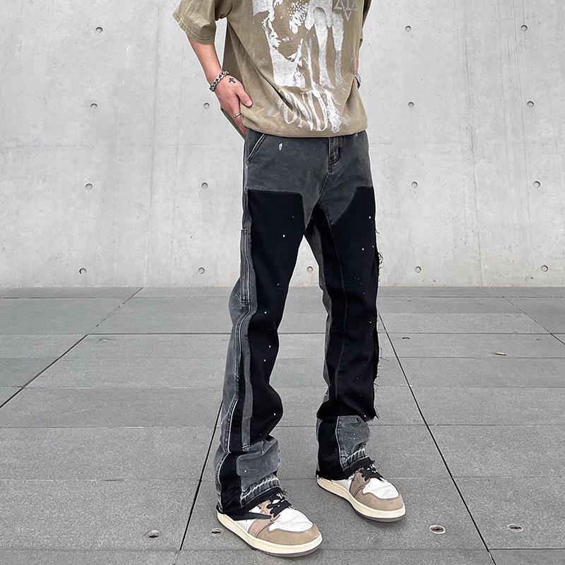 Pánské retro high-streetové rozšířené džíny s barevným blokováním a distressed úpravou