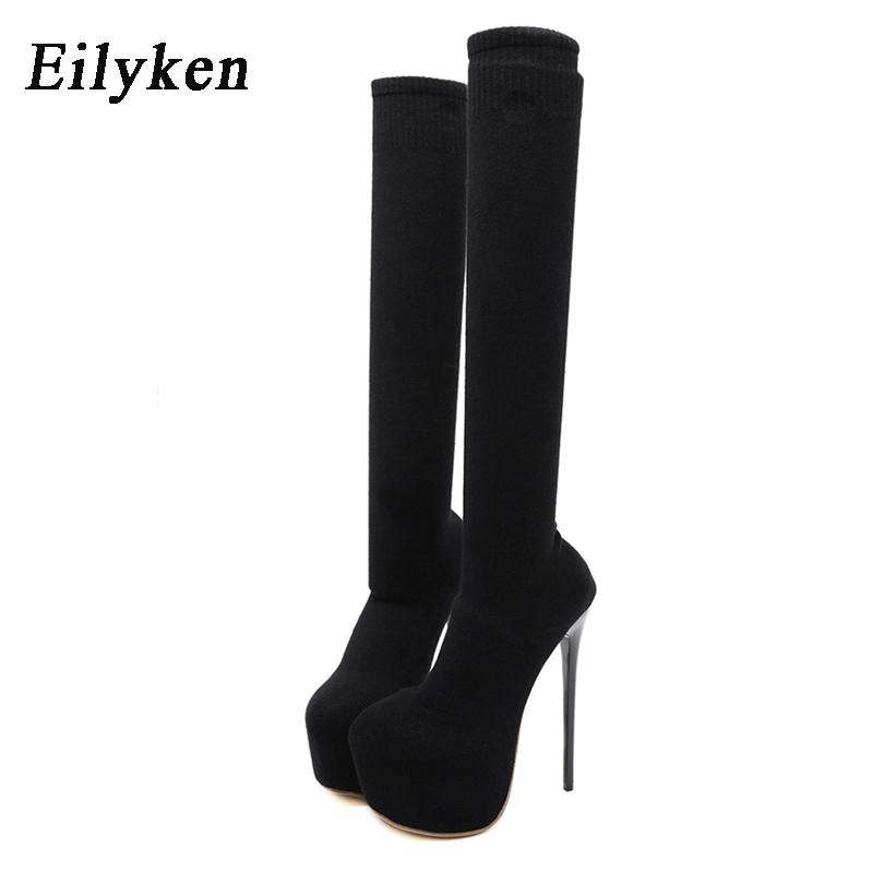 Fashion Eilyken 17CM Platform Heels Woman Over Knee Winter Boot Womens Black Knitting Round Toe Thigh High Long Socks  Lady Shoes
