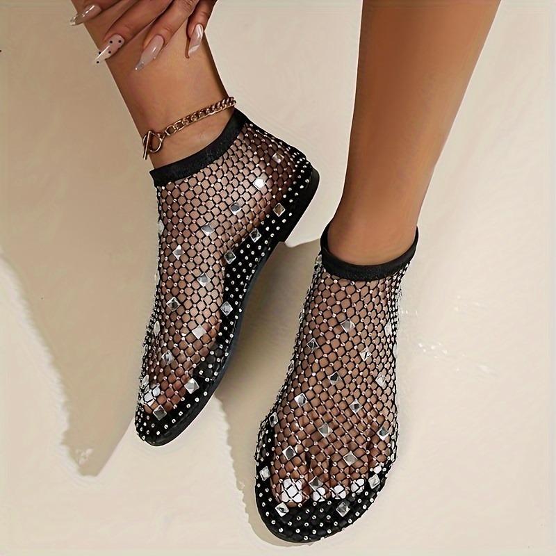Lightweight Women's Colorful Rhinestone Sandals, Breathable Flat Mesh Glitter Beach Shoes for Water Seaside