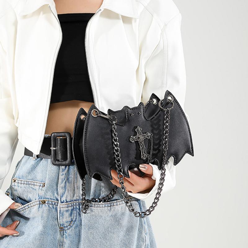 Gothic Style Bat & Skull PU Leather Shoulder Bag Vintage Solid Color Crossbody Bag with Adjustable Chain Strap for Outings, and Everyday Use