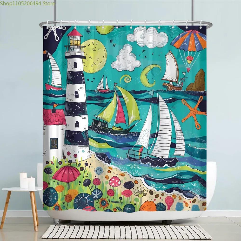 Lustige Meerestiere Kinder Duschvorhang Cartoon Aquarell Kunst Malerei Stil Polyester Stoff Duschvorhang Badezimmer Dekorati