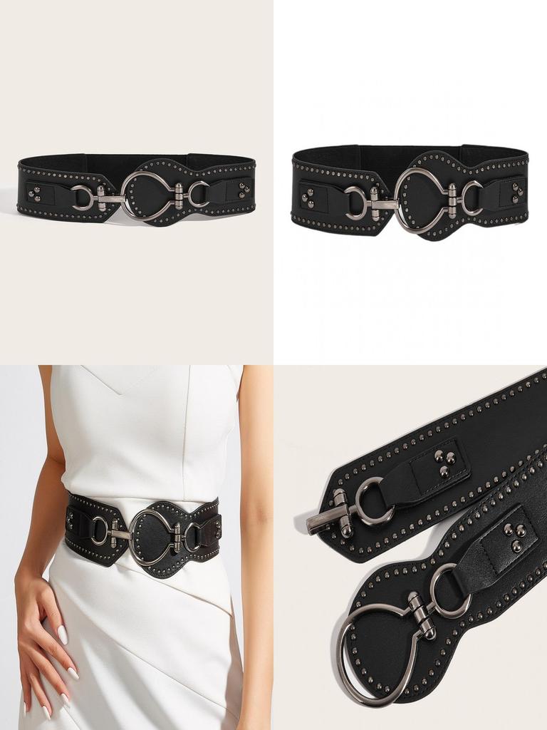 Fashion Solid Color Large Circular Buckle And Rivet Design Wide Waistband For Women