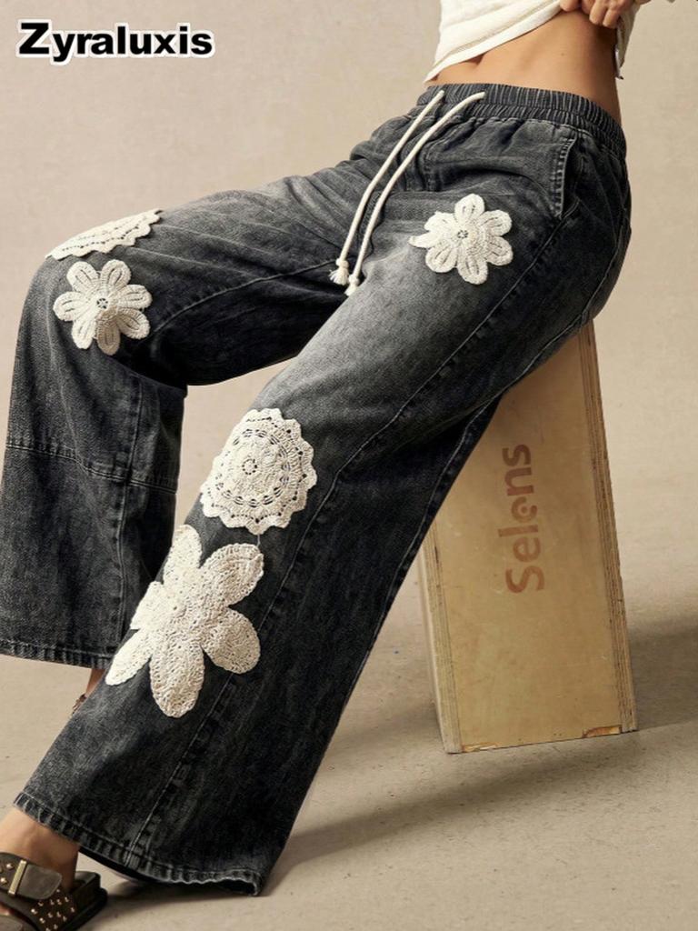 Jeans larghi casual bohémien da donna per l'autunno, Resort, floreali, vestibilità ampia, pantaloni lunghi