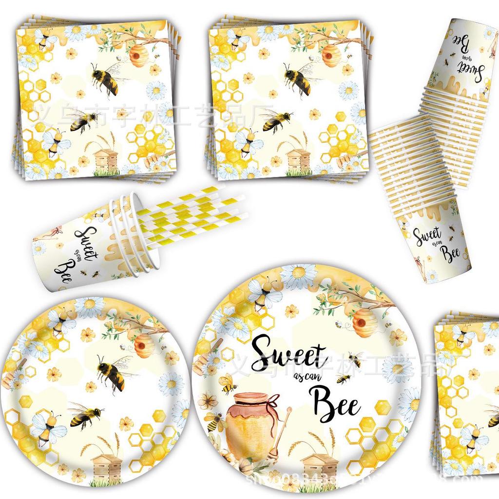 Spring Bee-Themed Birthday Party Disposable Tableware Set: Tablecloth, Napkins, Plates, Decorations.