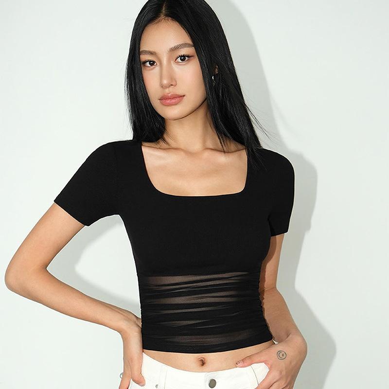 Short-sleeved T-shirt Square Stitching Top Short Top