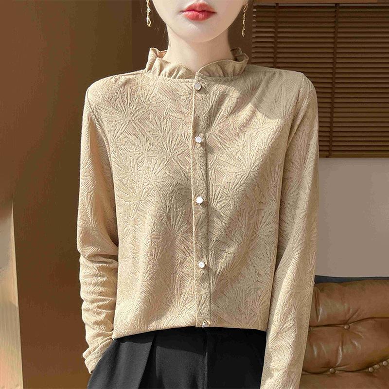 New French Lace Top, Feminine Black Ear Collar Knitted Sweater, Long-sleeved Base Layer, Semi-high Collar Inside