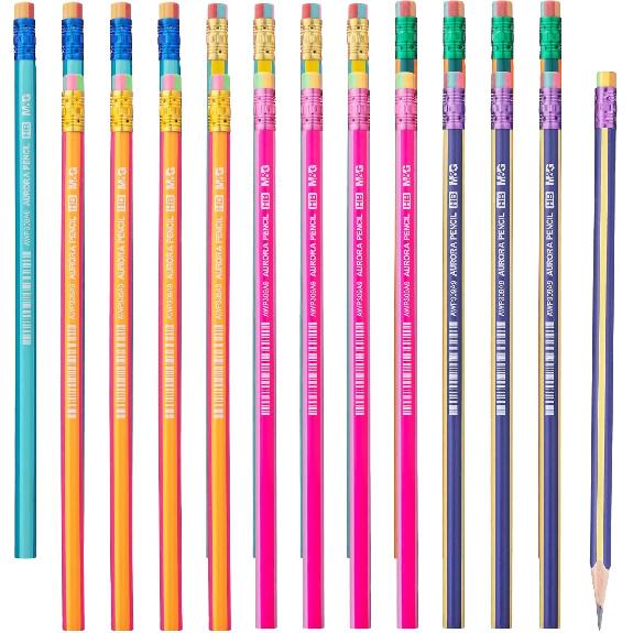 M&G Aurora Series 24 Pack HB Triangular Wood-Cased Pencils, Unsharpened with Erasers, Smooth Writing Break-Resistant Core, 6 Two-Tone Striped Colors