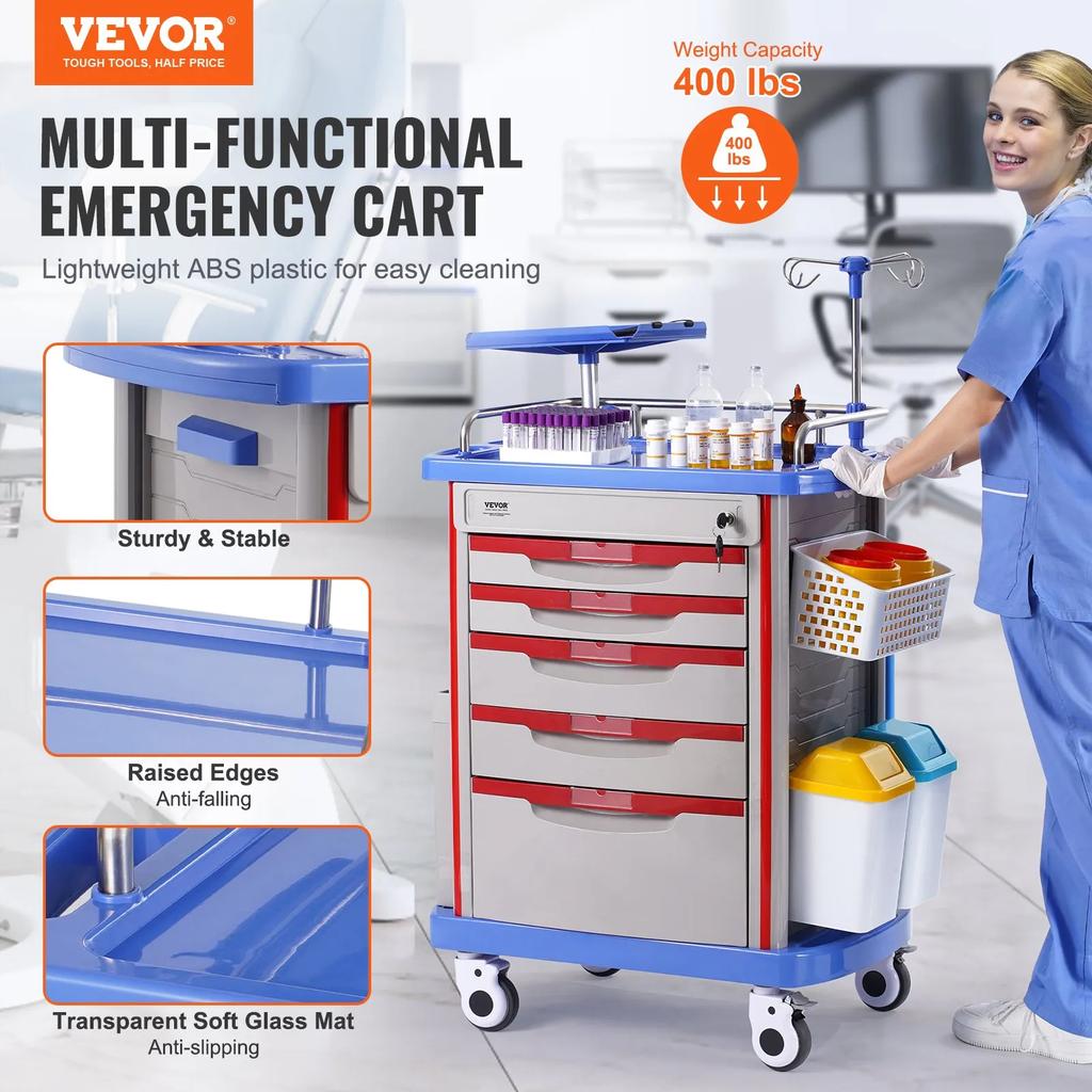 VEVOR 5 Tiers Lab Carts, Lab Utility Cart with 5 Drawers & 4 Silent Wheels, Mobile Medical Cart with PP Material