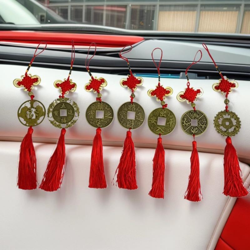 Red Chinese Knot Tassel Pendant: Auspicious Copper Coin Car Ornament for Safe Travels