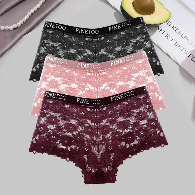3Pcs Lace Hollow Out Boyshorts Women's Sexy Floral Panties 5 Solid Colours Underwear Letter Belt Briefs Perspective Lingerie