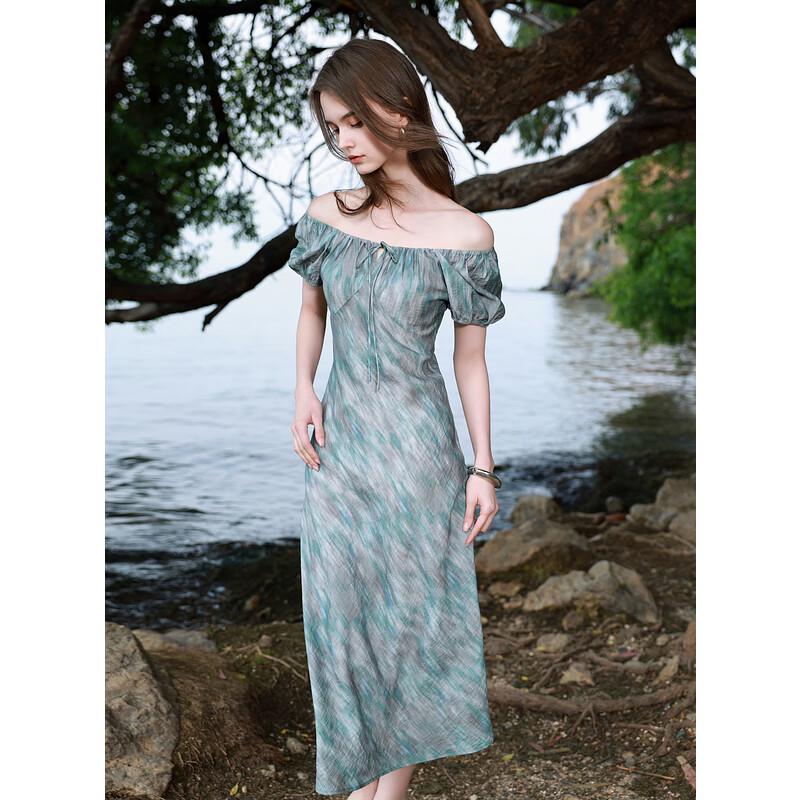 

SANCAL 2025 Summer French Puff Sleeve Tie-Waist A-Line Long Dress S