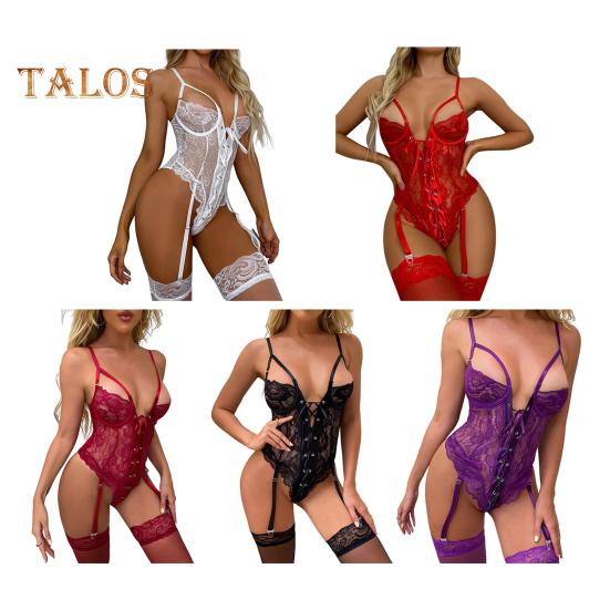 2Pcs/Set Sexy Underwear Set Deep V-Neck Bandage Design Jumpsuit Stockings Set Lace Splicing Hollow See-Through Sleepwear