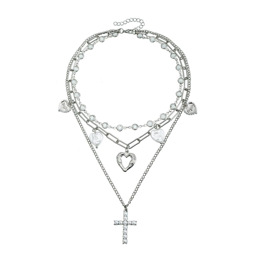 Y2K Retro Cross and Heart Charm Necklace Trendy Collarbone Chain Alloy Neck Jewelry for Women Cool Girls