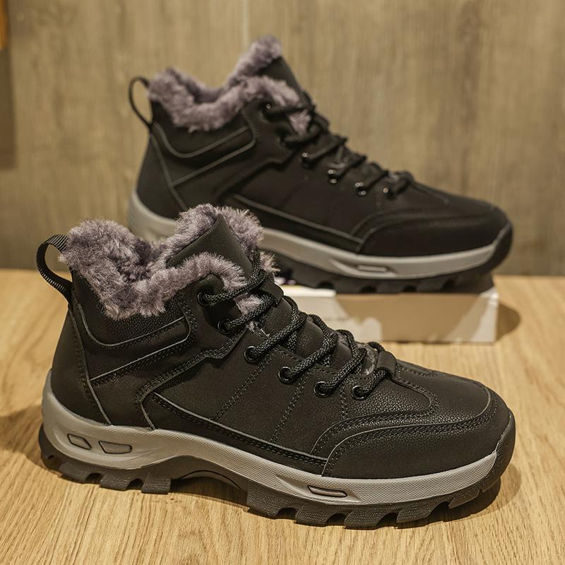 Fashion Man Cotton Boots Men Winter Short Plush High-top Leather Shoes Men's Thickened Non-slip Snow Boots Man Comfy Lace-up Solid Boots