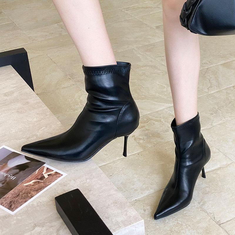 Fashion Fashion Elastic Women Ankle Stretch Boots With Heels Female Slip On Shoes Pointed Toe Ladies Short Modern Boots Pumps Lady