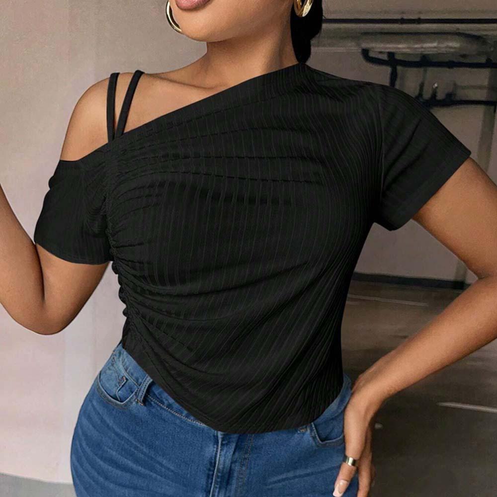 Plus size women's TEMU summer new slim fit, off-shoulder, cross-collar, solid color T-shirt