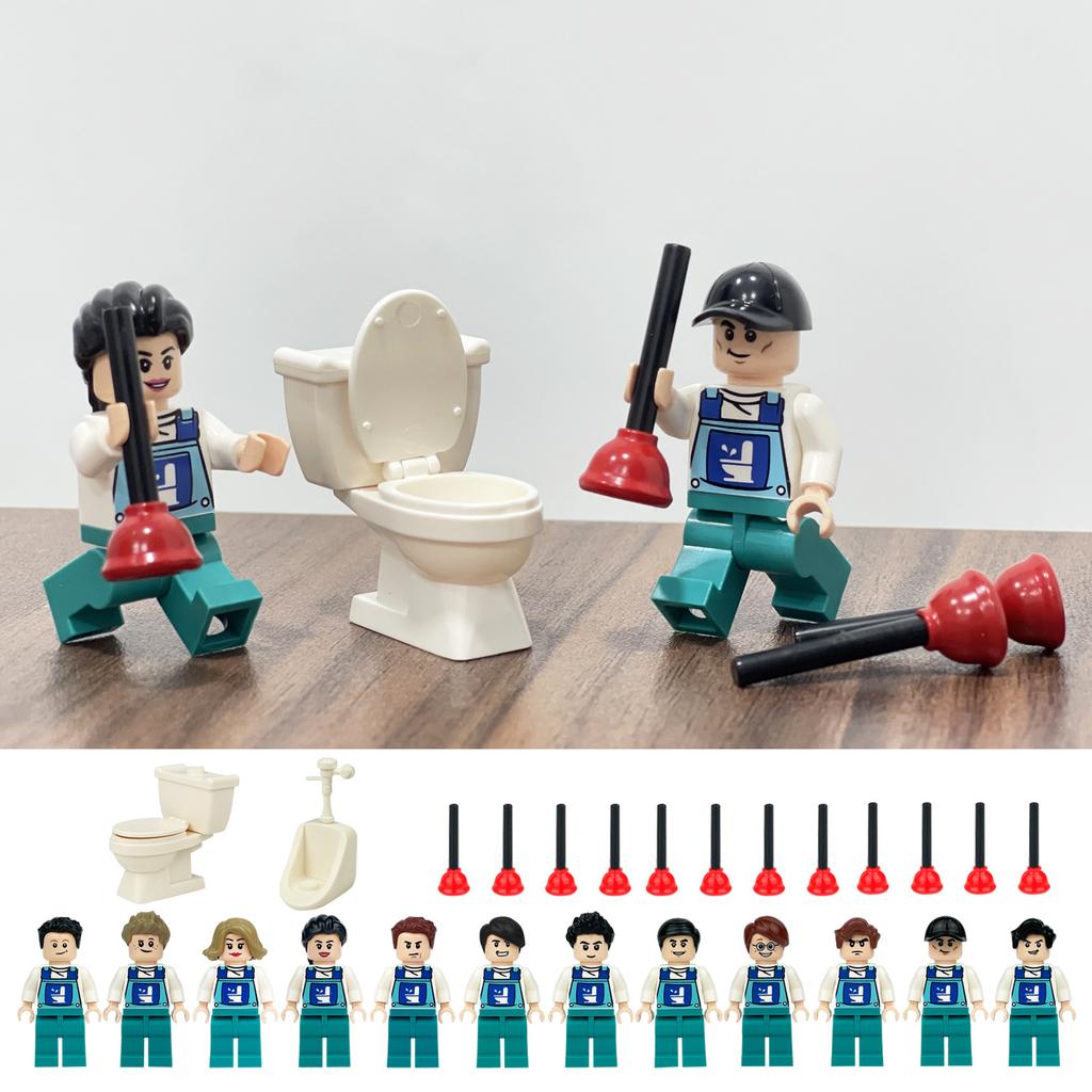 12pcs Urban Toilet Cleaner Professional Character Building Blocks Children's Toys