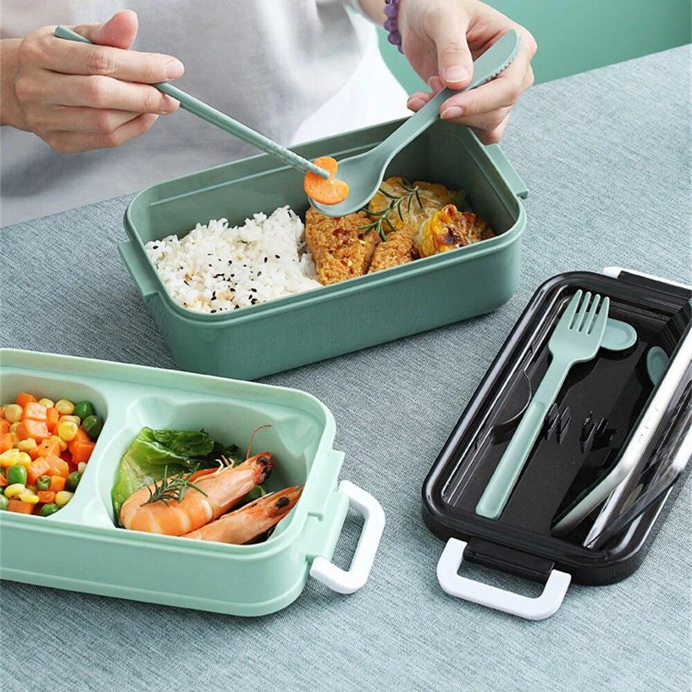 Doppelschichtige Lunchbox Tragbare Fach-Lebensmittelbox Mikrowellen-Lunchbox mit Gabel, Stäbchen und Löffel Picknick-Frischebox