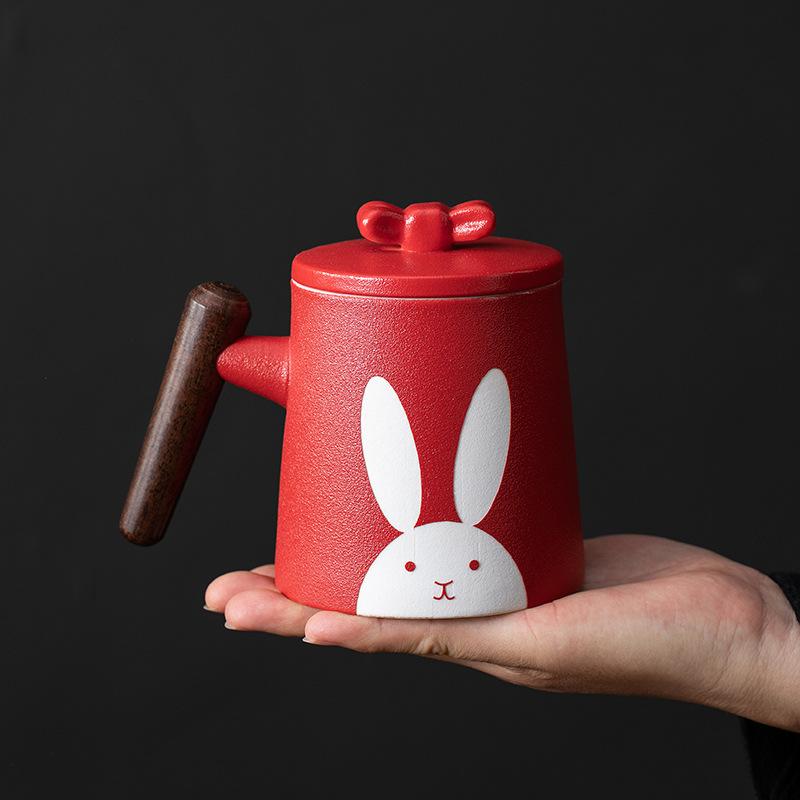 Big Red Ceramic Office Water Cup with High Appearance To Send Girlfriend Cute Rabbit with Filter and Lid Tea Separation Cup