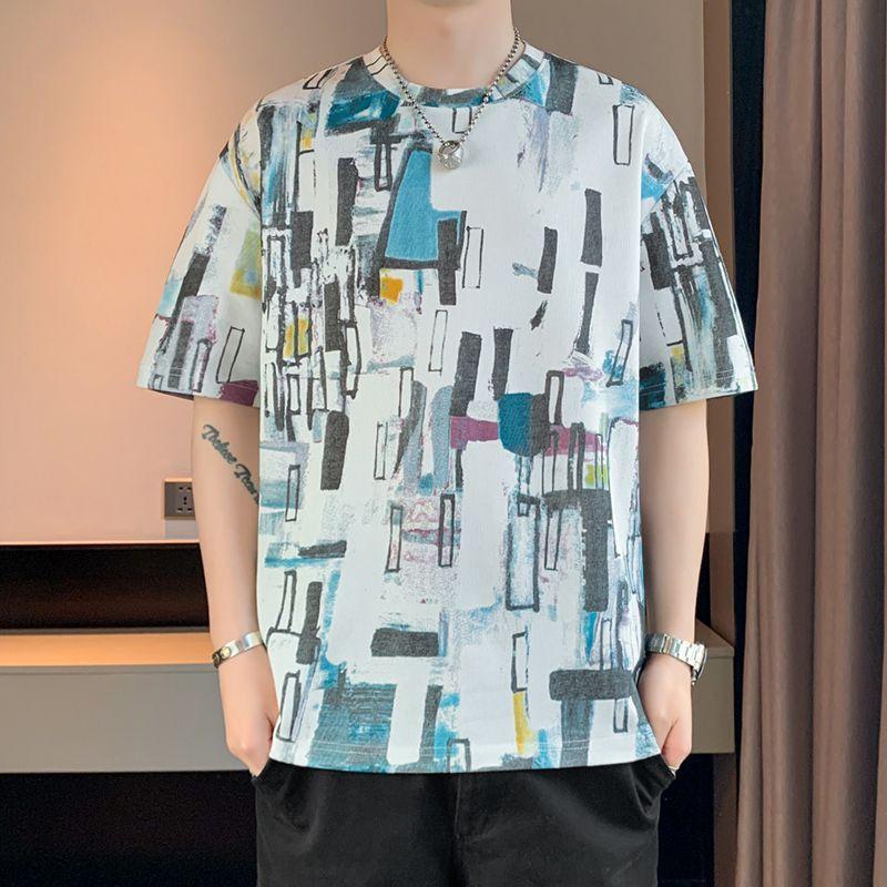 Young Style Hand-Painted Pullovers Men's Clothing Chic Contrasting Colors Summer Short Sleeve Loose Casual Round Neck T-shirts