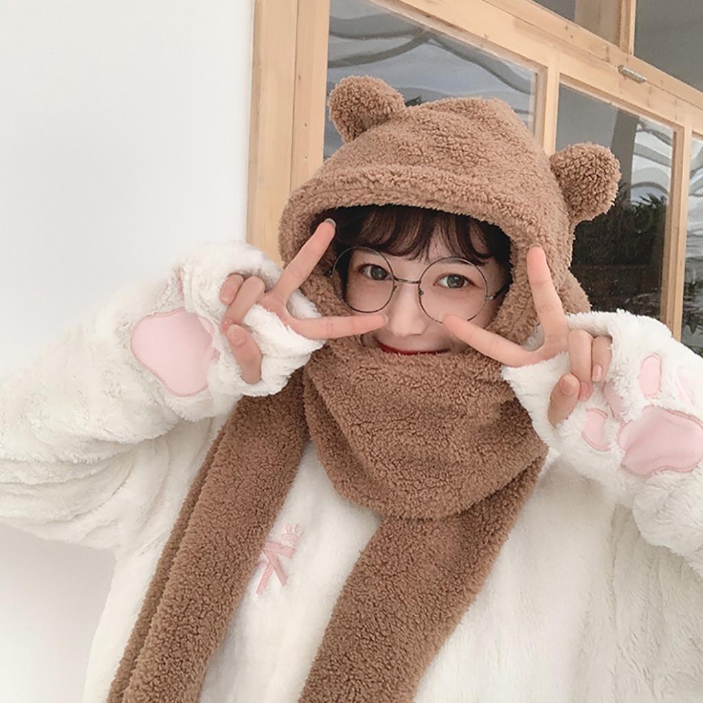 

Women Cute Cartoon Thick Hat Ear Protectors Warm Plush Hat Scarf Set