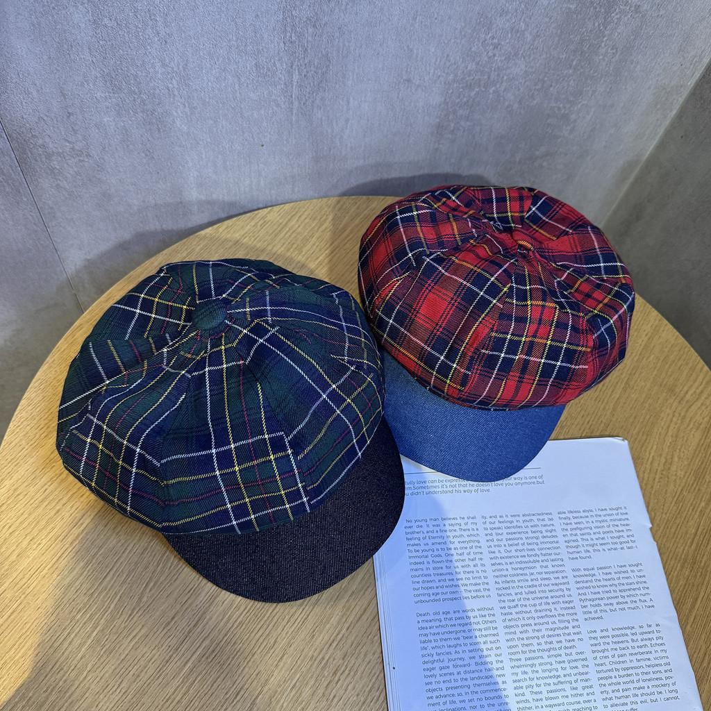 Cotton Twill Retro Spliced Checkered Beret Cap With Curved Brim For Casual Wear