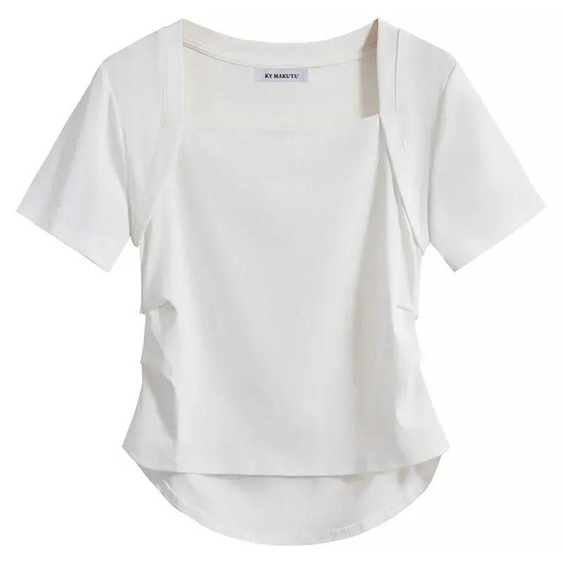 

Хлопковая футболка с короткими рукавами и квадратным воротником, женская плиссированная футболка с нерегулярным дизайном на плечах 2XL белый