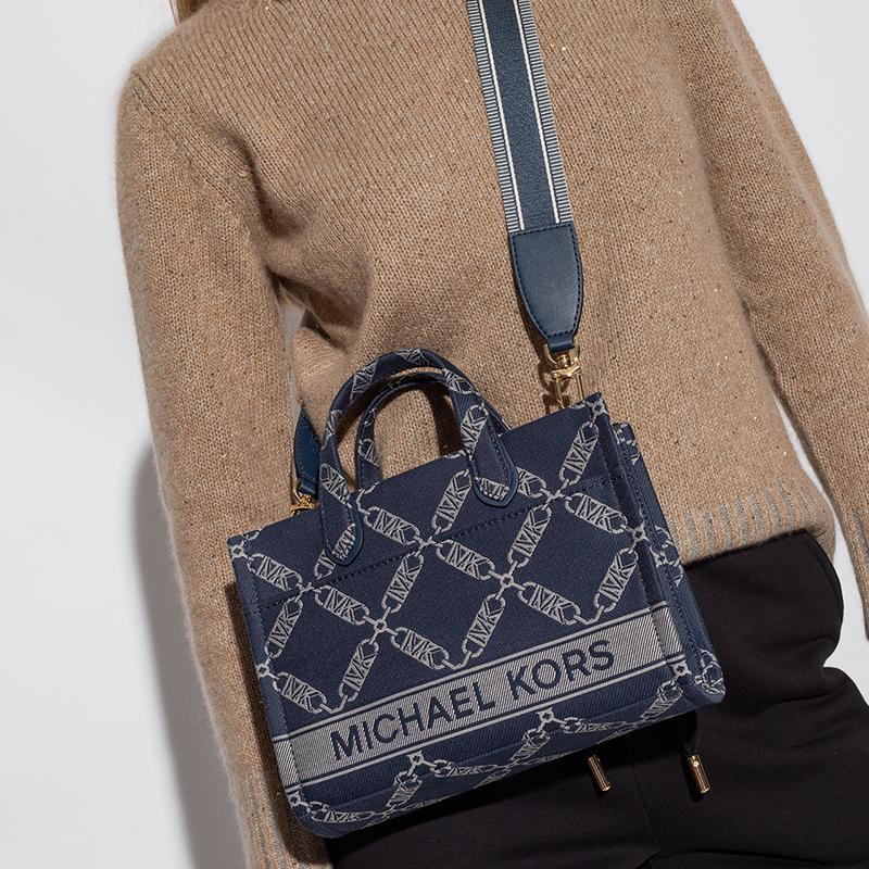 MICHAEL KORS Gigi Logo Chain Jacquard Pattern Commuting Business Fabric Tote Bag Shopping Bag Shoulder Crossbody Handbag Medium Women's Navy Blue