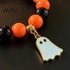 Handmade Beaded Elastic Wristbands Halloween Bracelet for Women Orange Black Beads Stretch Ghost Jewelry with Charm Stackable Holiday Accessory