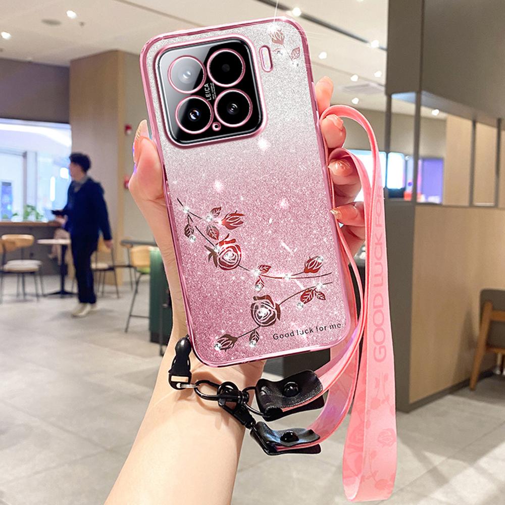 

For Xiaomi 15 Case Flower Pattern TPU Gradient Phone Cover with Lanyards Purple