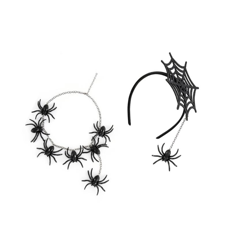 Eerie Spiders Theme Hairpiece Necklace Pair Halloween Party Decorations