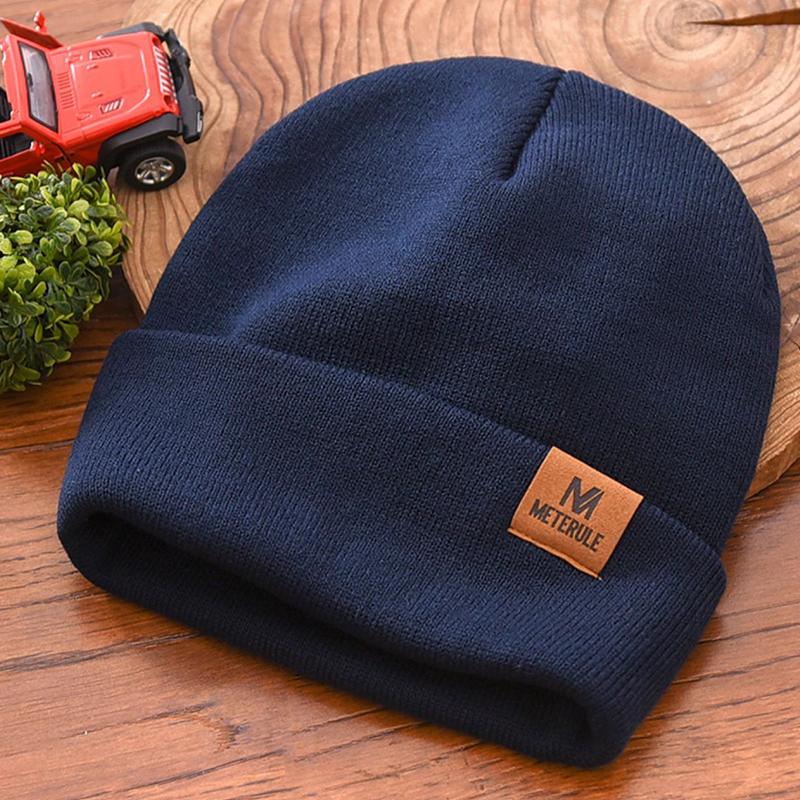 Outdoor Letter Leather Label Unisex Knitted Hat Women Custom Logo Cuffed Beanie Hats Men Winter Warm Cycling Skullies Ski Cap