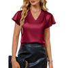 Summer New V-Neck Chiffon Pleated Loose Short-Sleeve T-Shirt for Women, Casual Solid Color Top
