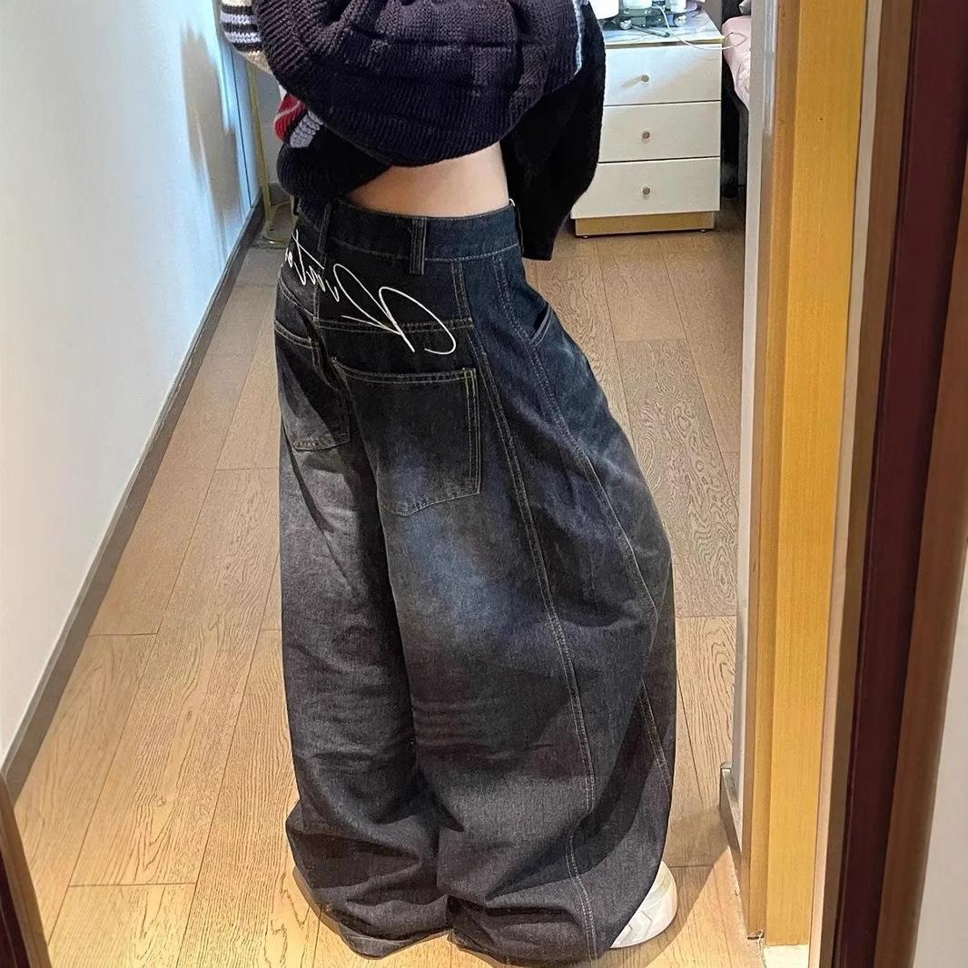 Lässige Damen Y2K Lockere Baggy Jeans Blau Gewaschen High Street Vintage Cargohosen Weiter Bein Übergroße Hosen Y2K Hosen S blau