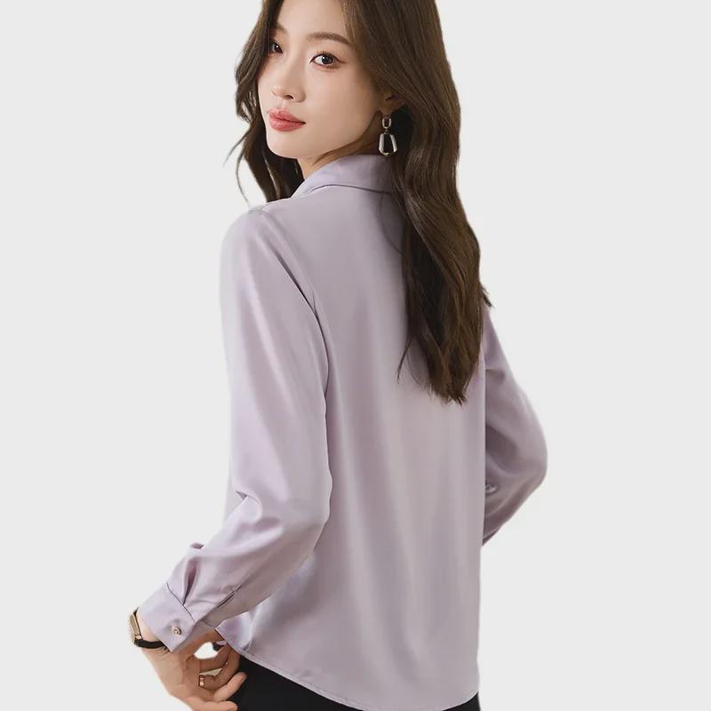 Damen Lila Satin Langarm Designerhemd, Neuer Französischer Stil