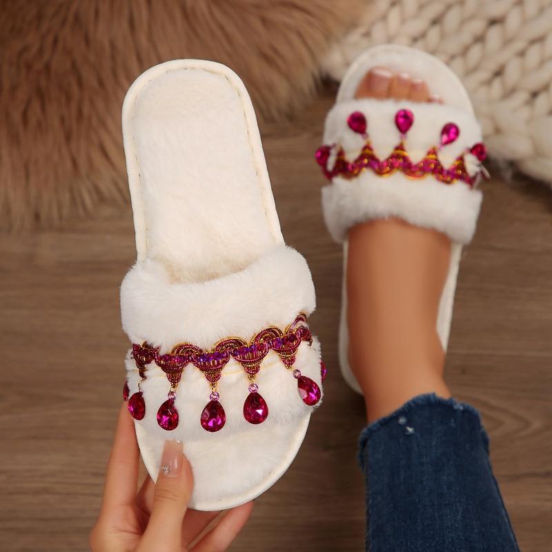 Fashion Crystal Fluffy Women Slippers Home Fashion Luxury Designer Shoes Woman Flat Autumn Winter Faux Fuzzy Fur Slides Indoor Elegant