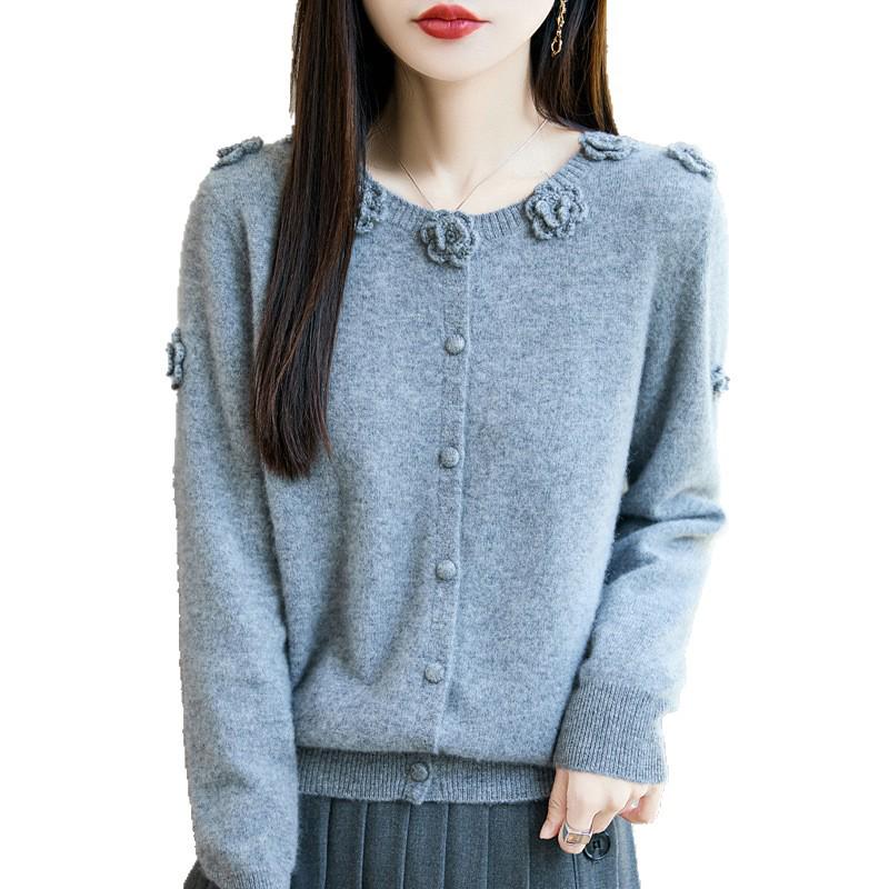 100% Wool Women's Hand-Crocheted Round Neck Cardigan - Nine Roses Sweater Coat for Autumn/Winter