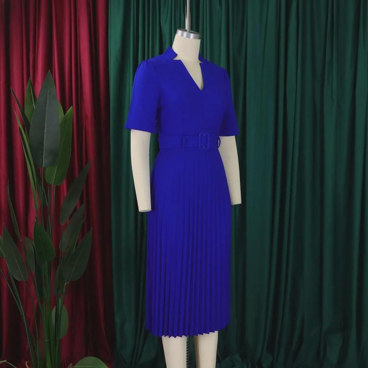 Women Summer Pleated High Waist V Neck Dress