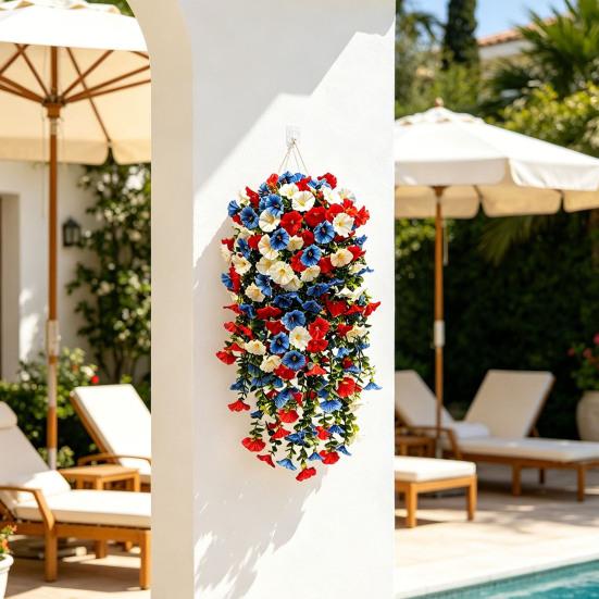 Patriotic Red White Blue Hanging Flowers Artificial Morning Glory Flower Vine UV Resistant Fake Plants for 4th of July Memorial Day Independence Day
