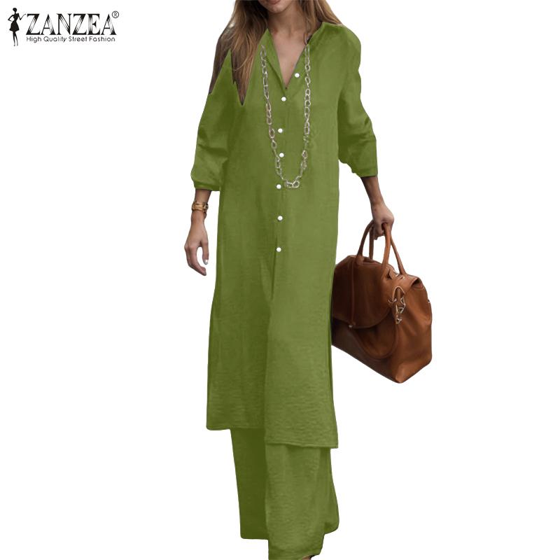 ZANZEA Women Casual Long Blouse and Pants Loose Two Piece Suit Sets