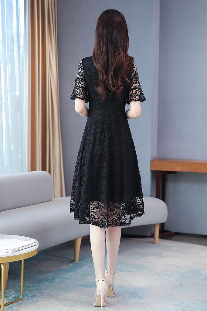 CHUBIK Short Summer Fully Perfect for Formal and Size 2XL Women's All-Lace Dress, Sleeve, A-Line, Lined, Weddings, Occasions, After-Parties, Black,