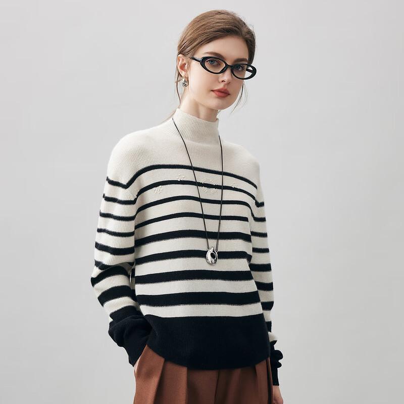 Kemeng Boka Women's 2025 Autumn/Winter Loose Fit Black and White Striped Cashmere Sweater