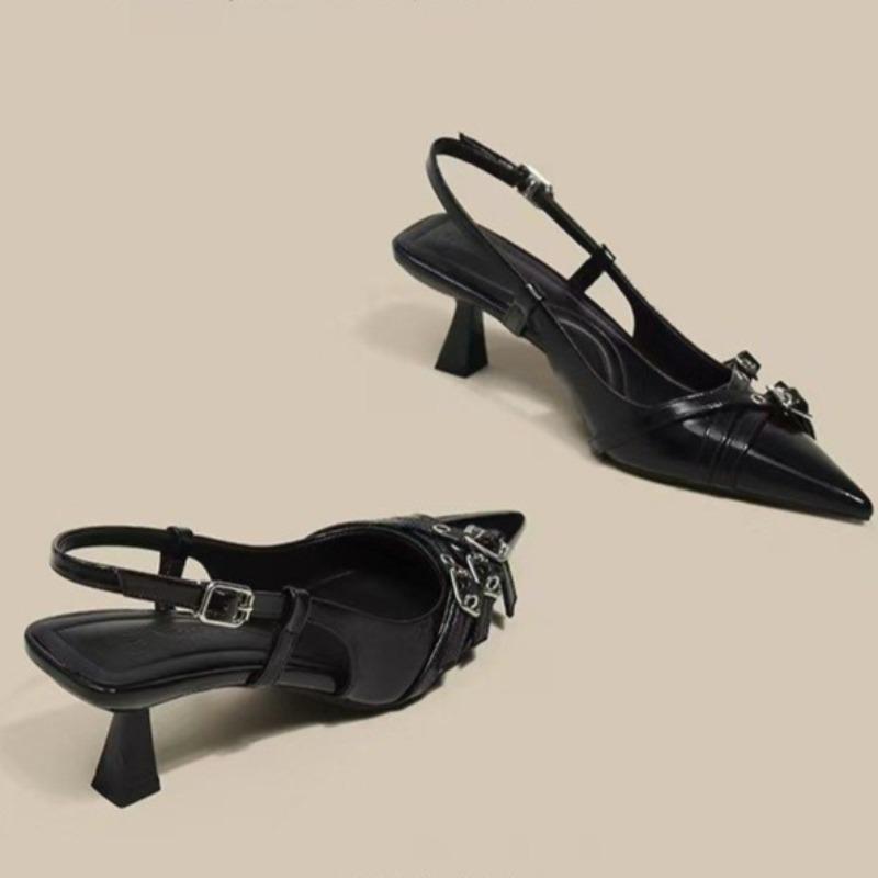 Fashion Summer New Baotou Sandals Women's Fashion Pointed Head Shallow Mouth Metal Buckle A Line with Non-slip High Heels