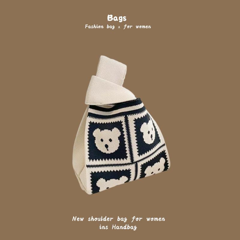 Ins Trendy Handbag Women'S Knitted Wool Bucket Bag Hand Carry Casual Tote Bag Box Lunch Bag